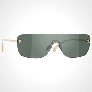 New CHANEL Sunglasses Gold Metal Rimless Shield Mask Green Lens CC Logo